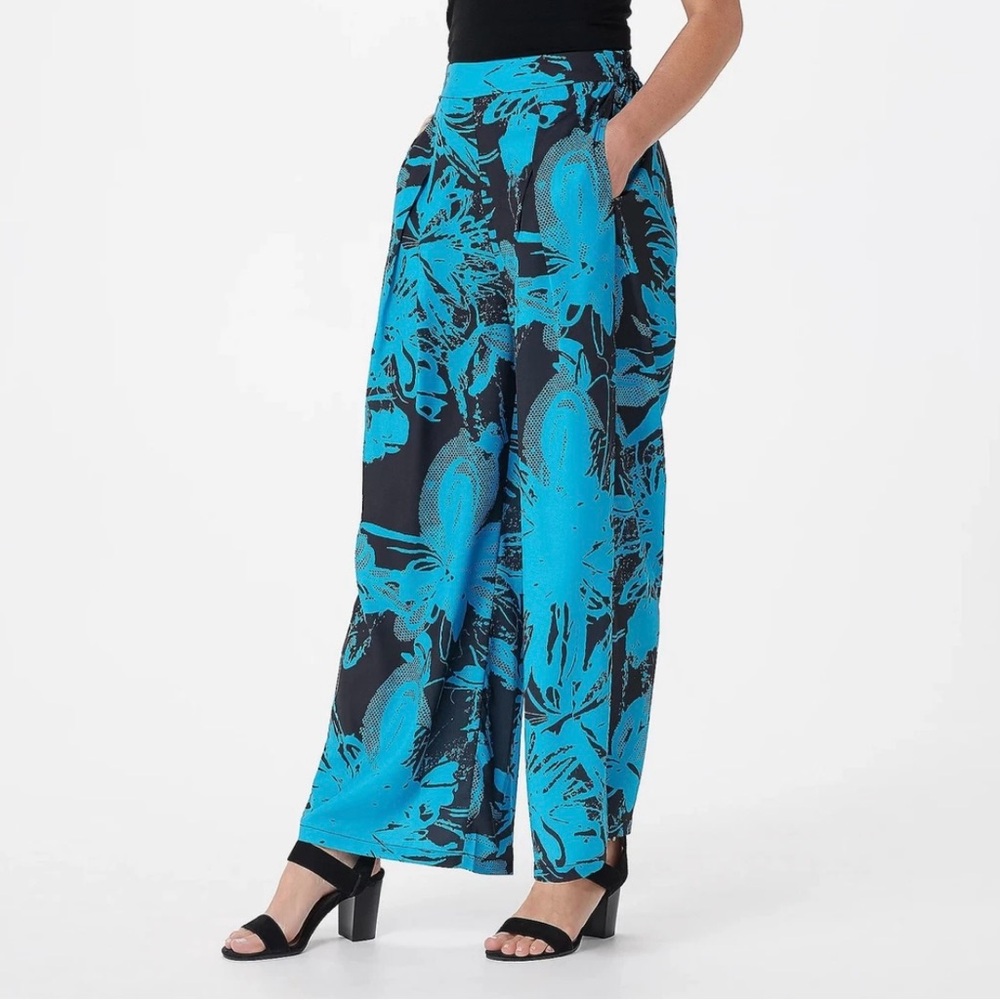 Truth + Style, Petite Printed Crepe Pull-On Palazzo Pants Turquoise Black 3XL